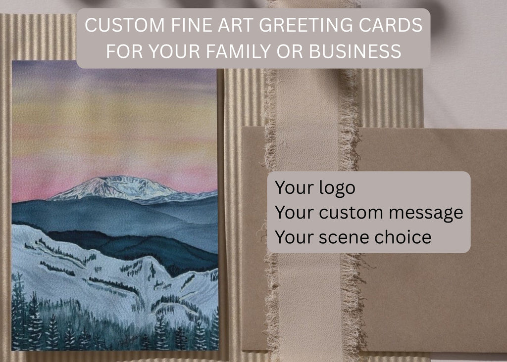 Custom fine art greeting card sample with mountain artwork and business personalization options