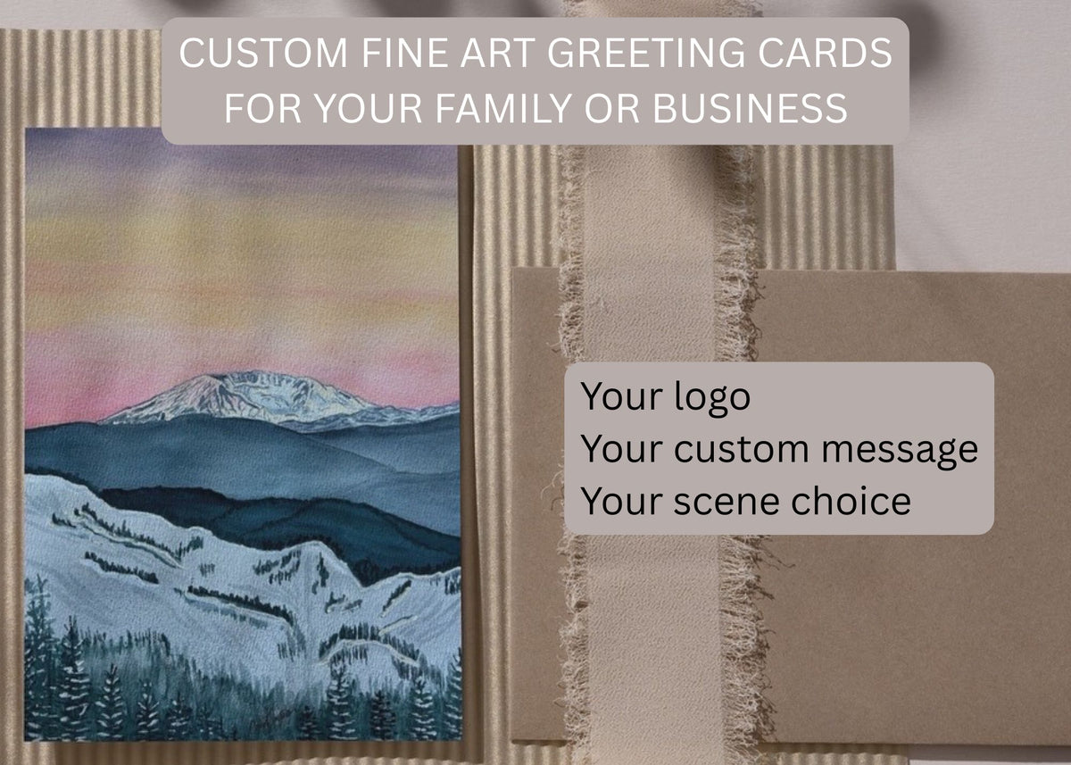 Custom fine art greeting card sample with mountain artwork and business personalization options