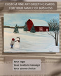 Custom greeting card sample featuring a snowy red barn scene