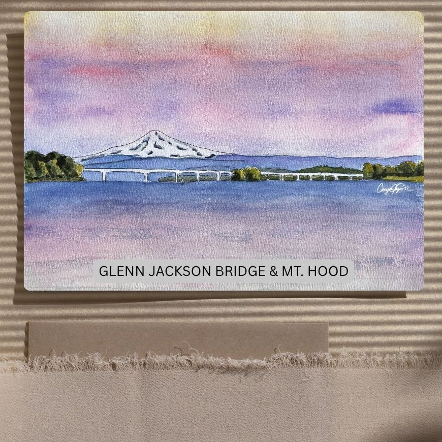 Hood Hues greeting card featuring Glenn Jackson Bridge and Mt. Hood across the Columbia River