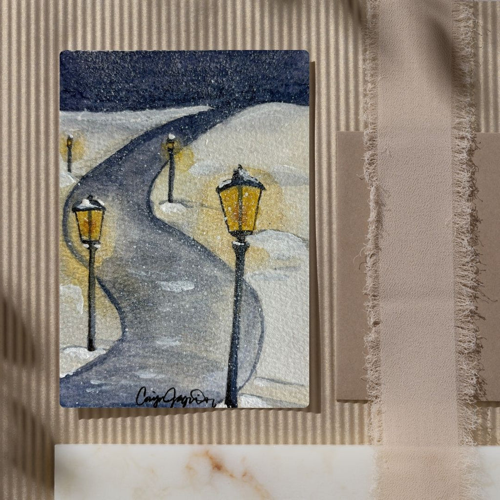 Lighted Path watercolor holiday greeting card