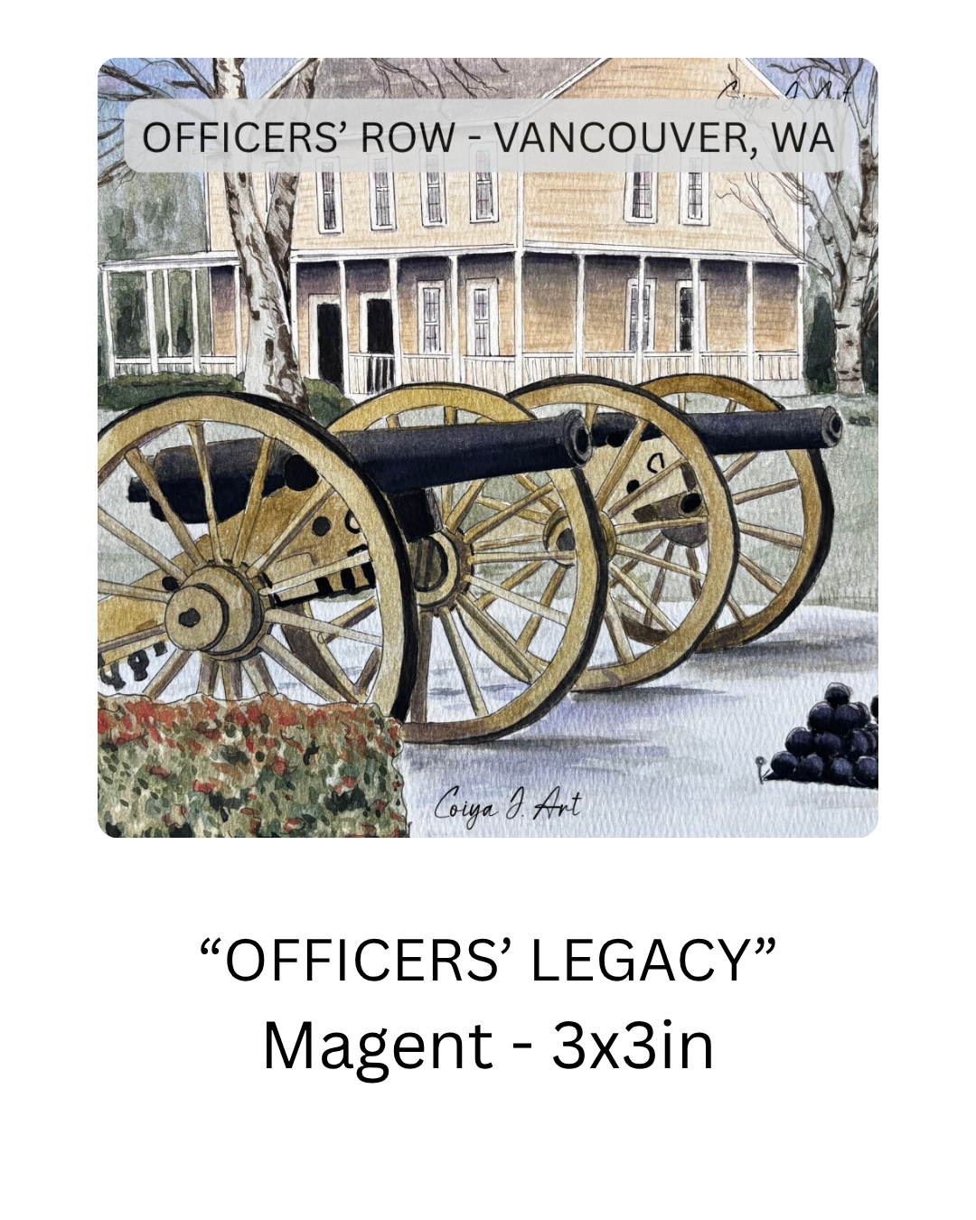 Officers’ Legacy art magnet featuring cannons and a historic home on Officers’ Row in Vancouver, Washington