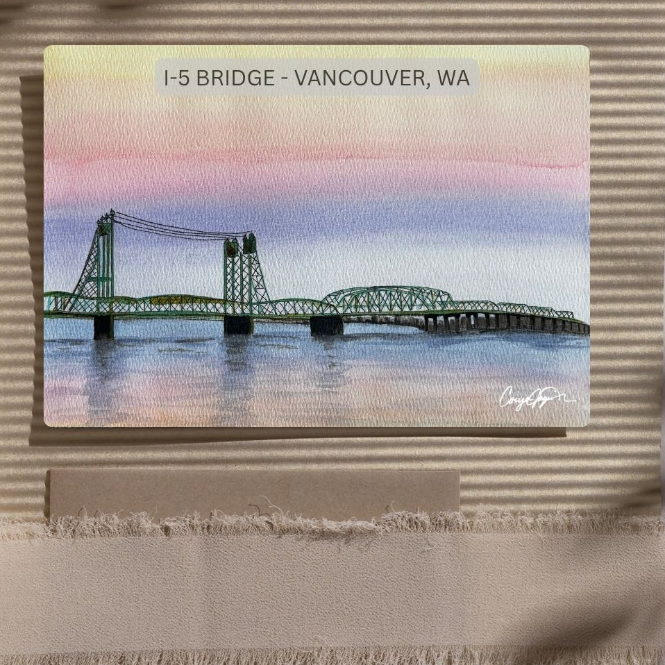 Steel Stillness greeting card featuring the I-5 Bridge in Vancouver, Washington