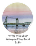 Steel Stillness waterproof vinyl decal featuring the I-5 Bridge in Vancouver, Washington beneath a pink and blue sky