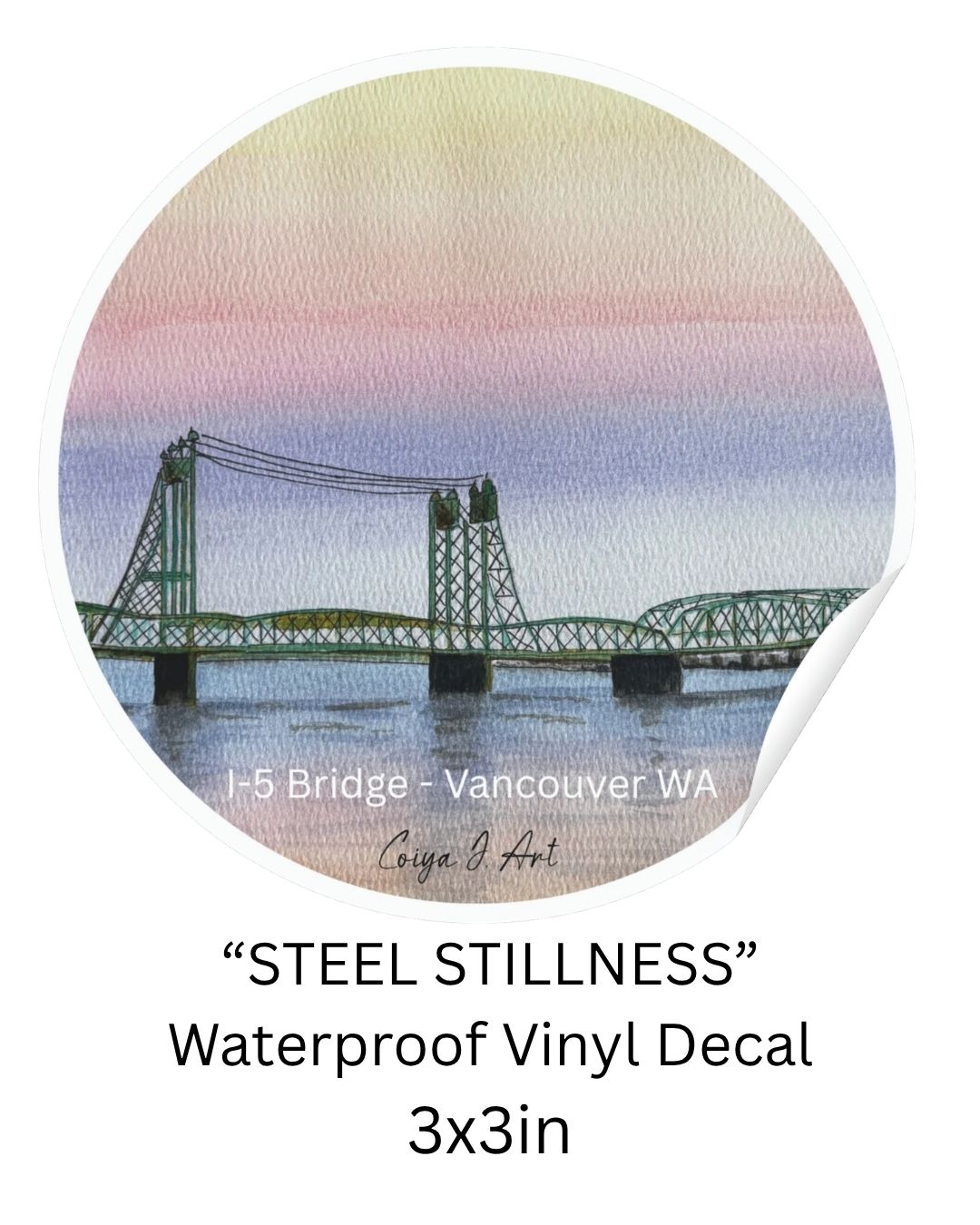 Steel Stillness waterproof vinyl decal featuring the I-5 Bridge in Vancouver, Washington beneath a pink and blue sky