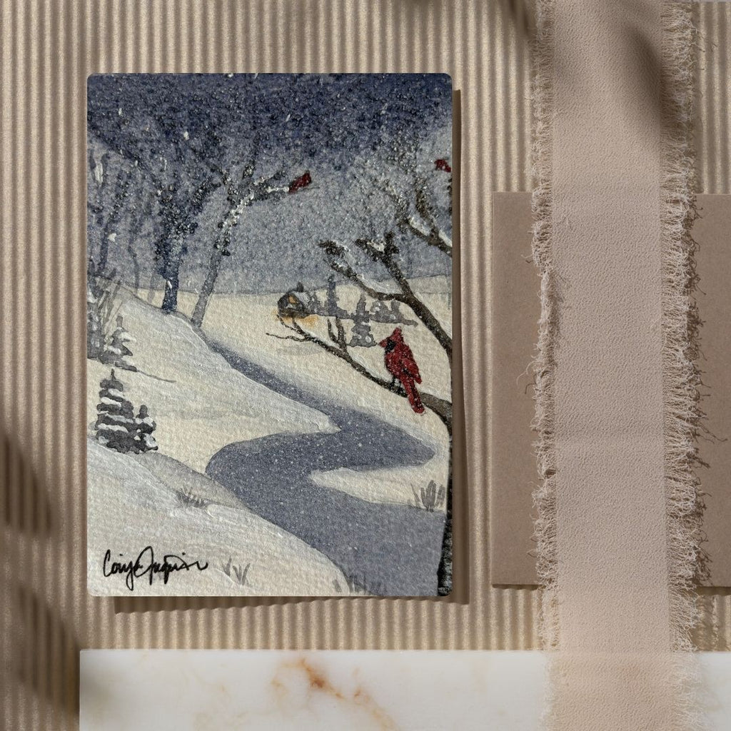 Snowy Forest cardinal watercolor holiday greeting card